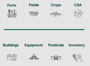 Feature Icons Farm, Fields, Crops, CSA, Buildings, Equipment, Pesticide, Inventory